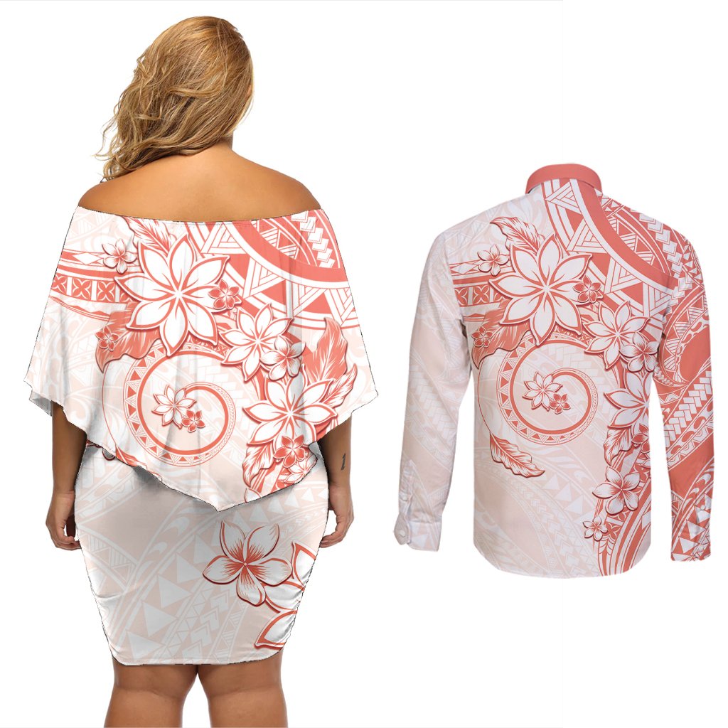 Polynesian Pattern With Plumeria Flowers Couples Matching Off Shoulder Short Dress and Long Sleeve Button Shirt Orange Peach LT05 - Polynesian Pride