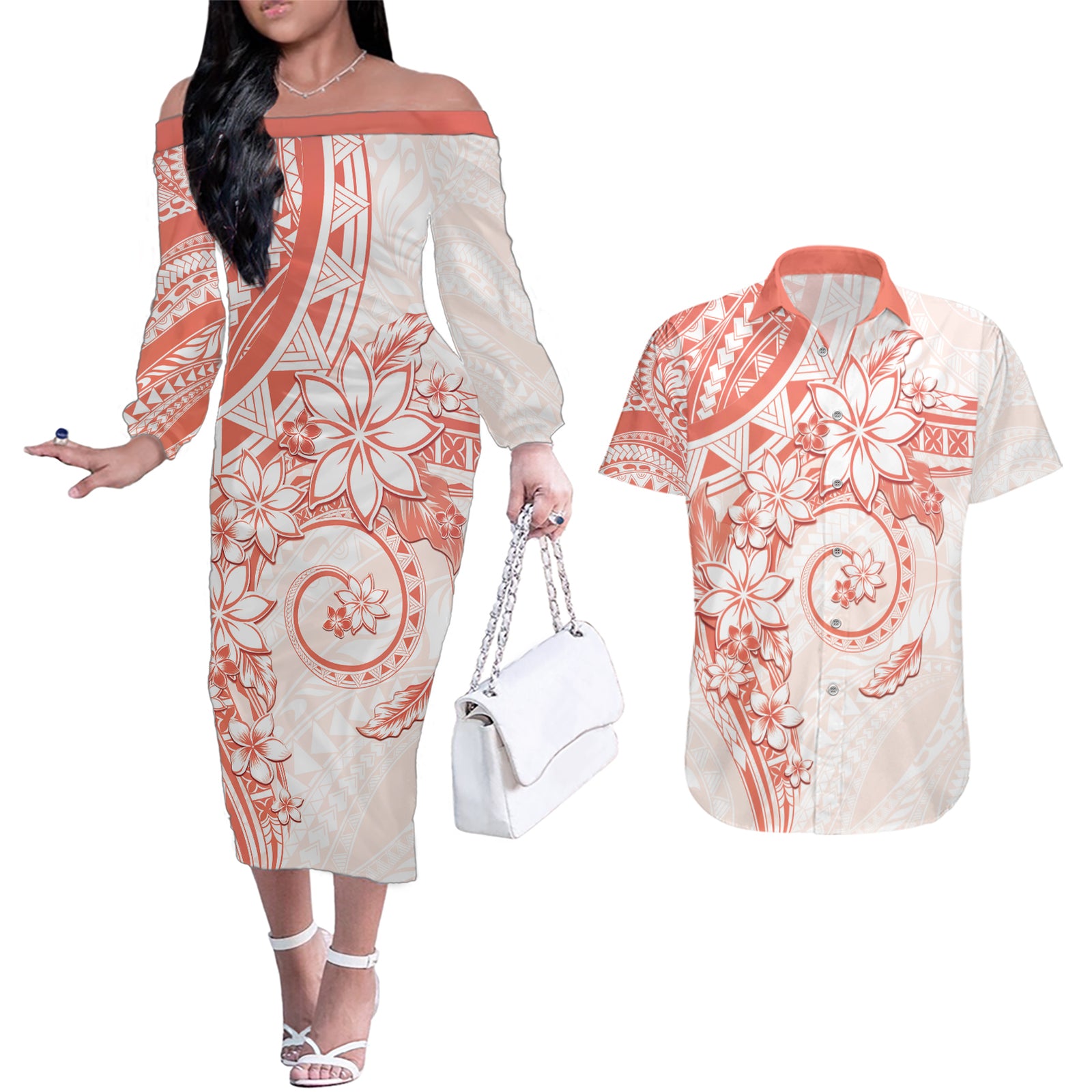 Polynesian Pattern With Plumeria Flowers Couples Matching Off The Shoulder Long Sleeve Dress and Hawaiian Shirt Orange Peach LT05 Peach - Polynesian Pride