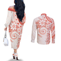 Polynesian Pattern With Plumeria Flowers Couples Matching Off The Shoulder Long Sleeve Dress and Long Sleeve Button Shirt Orange Peach LT05 - Polynesian Pride