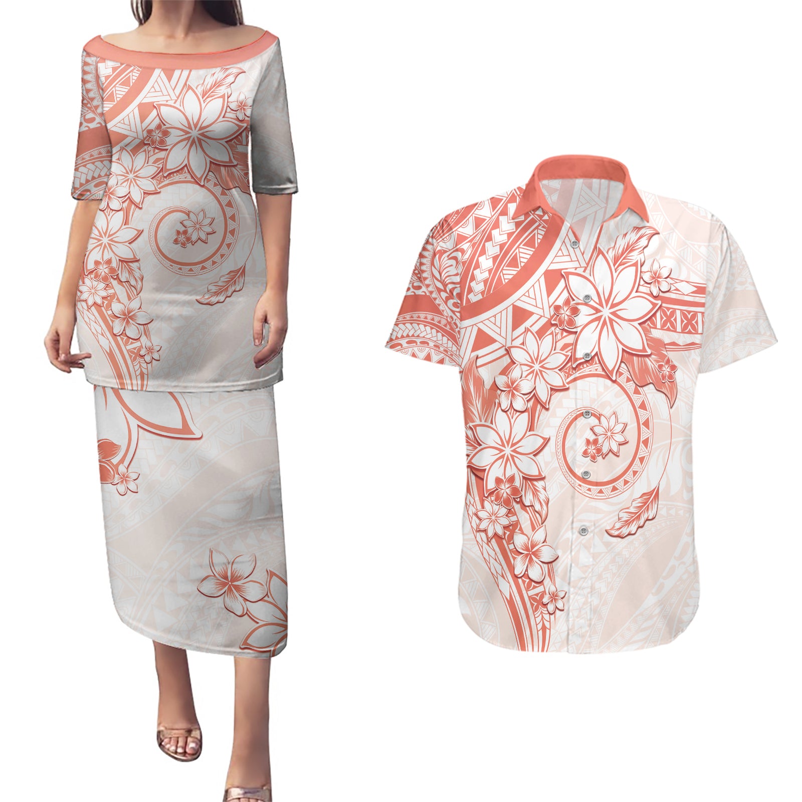Polynesian Pattern With Plumeria Flowers Couples Matching Puletasi and Hawaiian Shirt Orange Peach LT05 Peach - Polynesian Pride