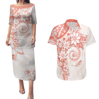 Polynesian Pattern With Plumeria Flowers Couples Matching Puletasi and Hawaiian Shirt Orange Peach LT05 Peach - Polynesian Pride