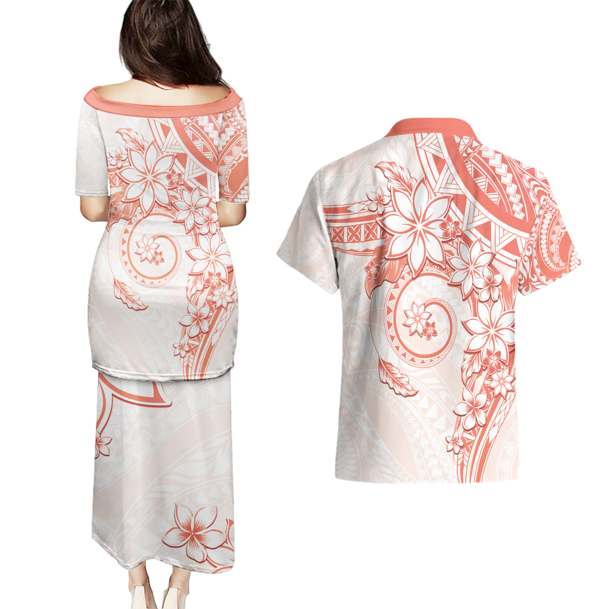 Polynesian Pattern With Plumeria Flowers Couples Matching Puletasi and Hawaiian Shirt Orange Peach LT05 - Polynesian Pride