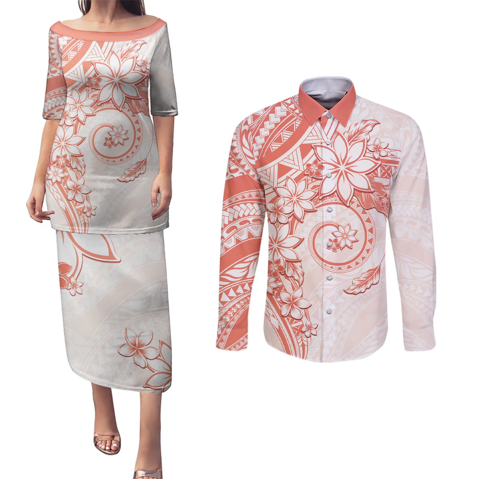 Polynesian Pattern With Plumeria Flowers Couples Matching Puletasi and Long Sleeve Button Shirt Orange Peach LT05 Peach - Polynesian Pride