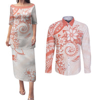 Polynesian Pattern With Plumeria Flowers Couples Matching Puletasi and Long Sleeve Button Shirt Orange Peach LT05 Peach - Polynesian Pride