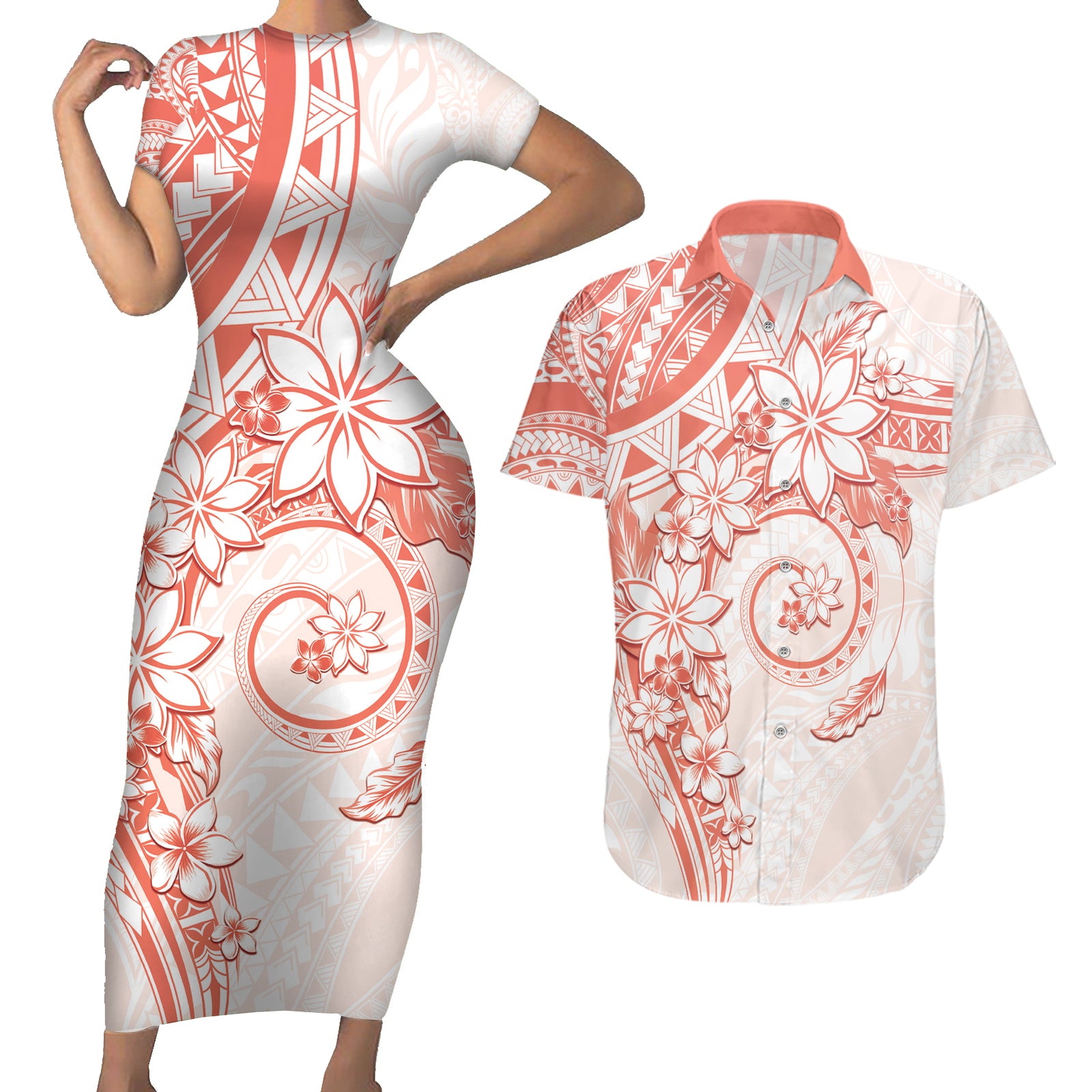 Polynesian Pattern With Plumeria Flowers Couples Matching Short Sleeve Bodycon Dress and Hawaiian Shirt Orange Peach LT05 Peach - Polynesian Pride