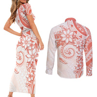 Polynesian Pattern With Plumeria Flowers Couples Matching Short Sleeve Bodycon Dress and Long Sleeve Button Shirt Orange Peach LT05 - Polynesian Pride