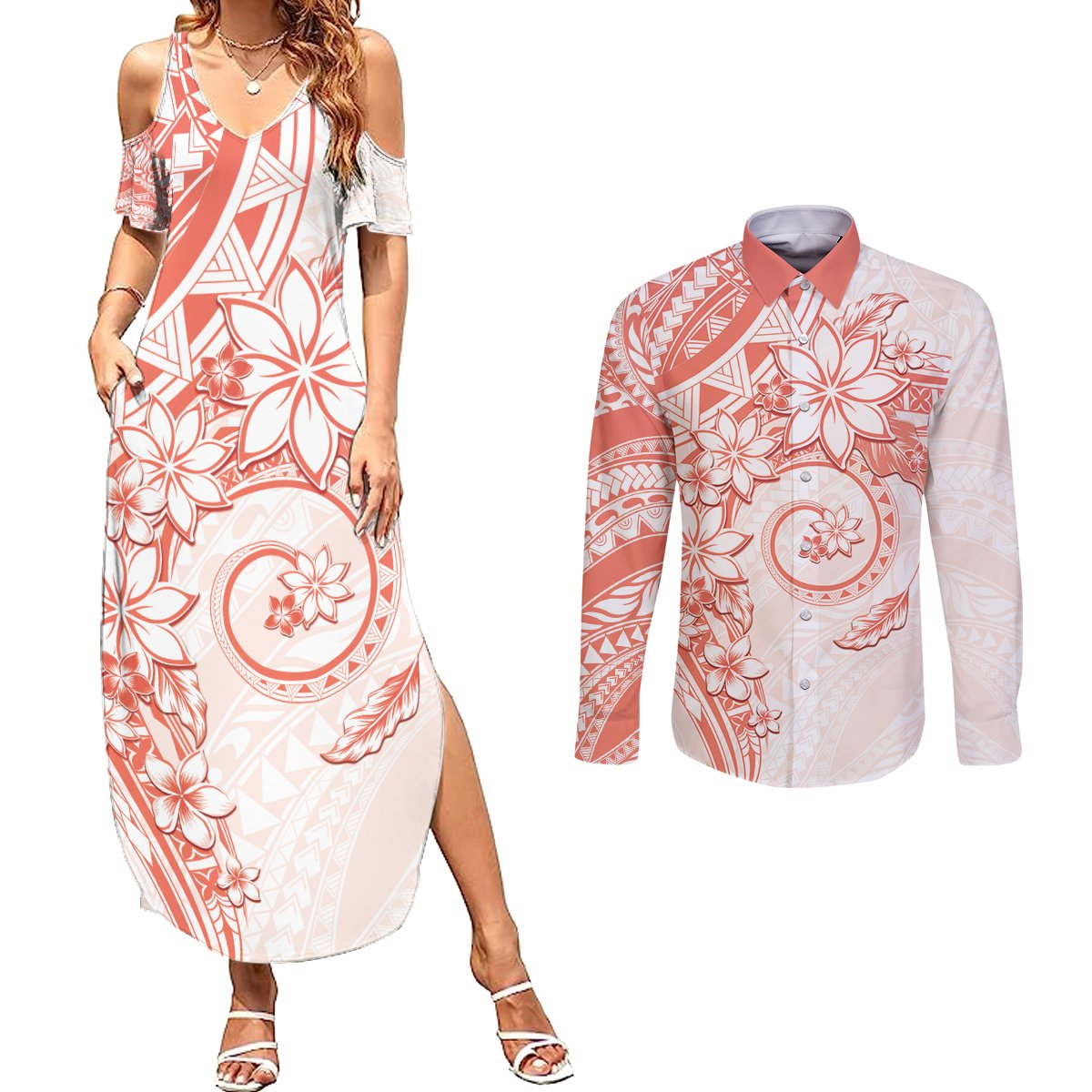 Polynesian Pattern With Plumeria Flowers Couples Matching Summer Maxi Dress and Long Sleeve Button Shirt Orange Peach LT05 Peach - Polynesian Pride