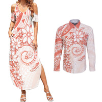 Polynesian Pattern With Plumeria Flowers Couples Matching Summer Maxi Dress and Long Sleeve Button Shirt Orange Peach LT05 Peach - Polynesian Pride