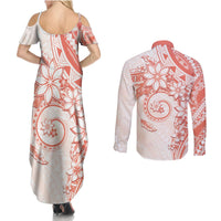 Polynesian Pattern With Plumeria Flowers Couples Matching Summer Maxi Dress and Long Sleeve Button Shirt Orange Peach LT05 - Polynesian Pride