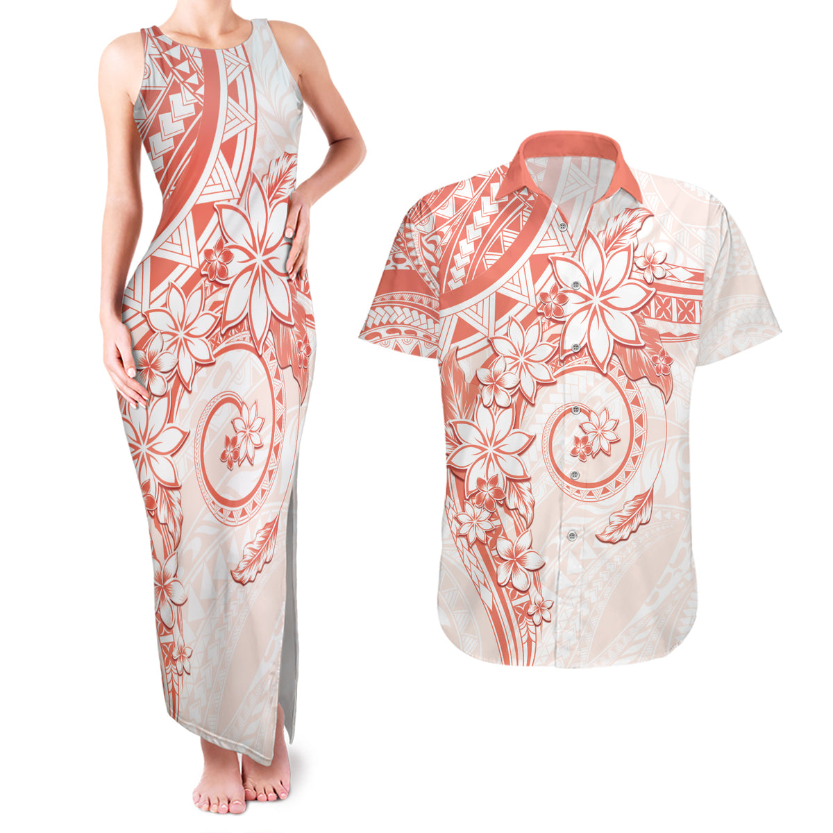 Polynesian Pattern With Plumeria Flowers Couples Matching Tank Maxi Dress and Hawaiian Shirt Orange Peach LT05 Peach - Polynesian Pride