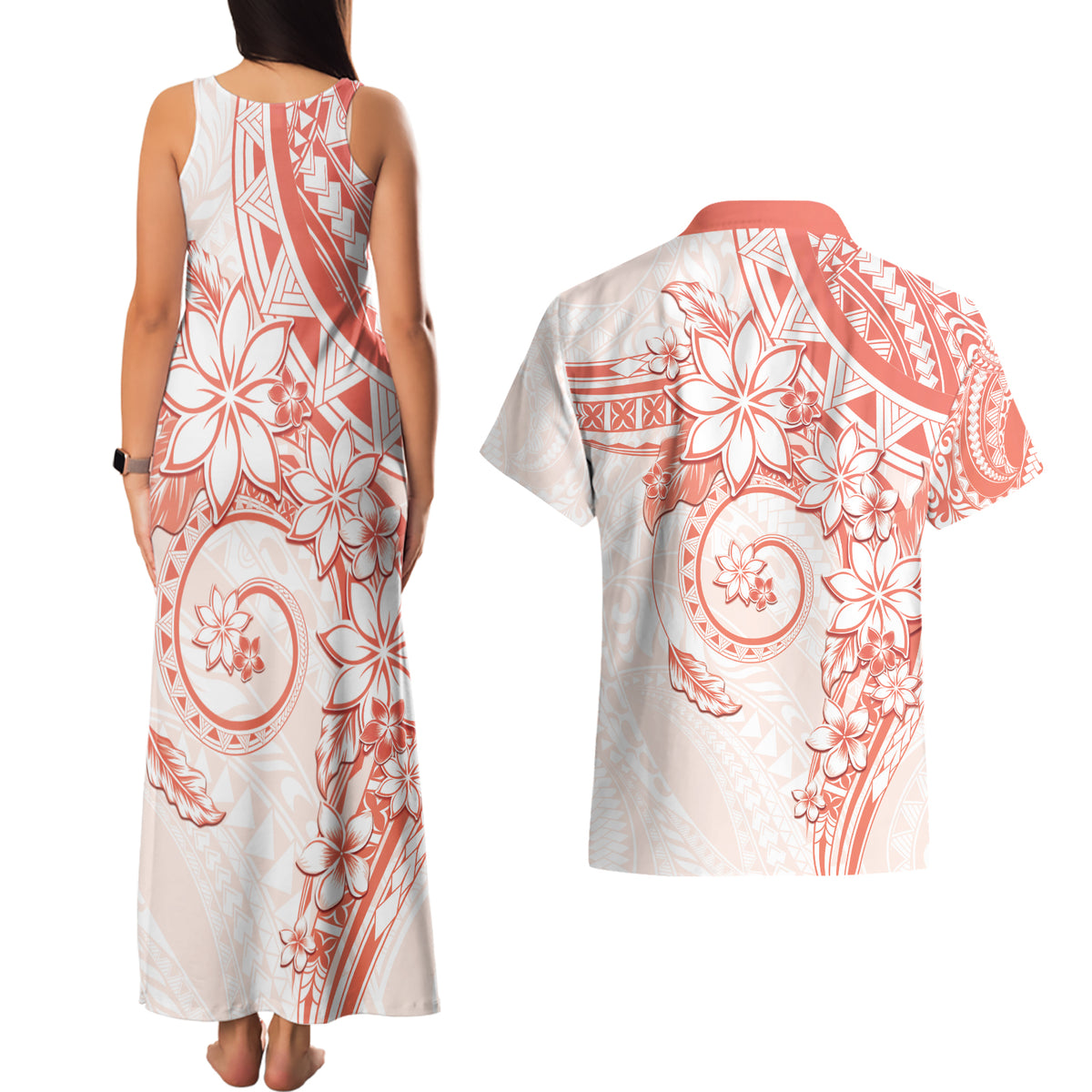 Polynesian Pattern With Plumeria Flowers Couples Matching Tank Maxi Dress and Hawaiian Shirt Orange Peach LT05 - Polynesian Pride