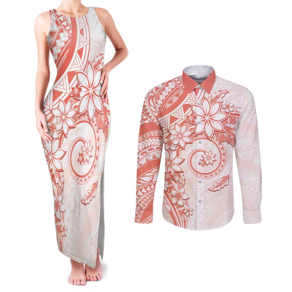 Polynesian Pattern With Plumeria Flowers Couples Matching Tank Maxi Dress and Long Sleeve Button Shirt Orange Peach LT05 Peach - Polynesian Pride