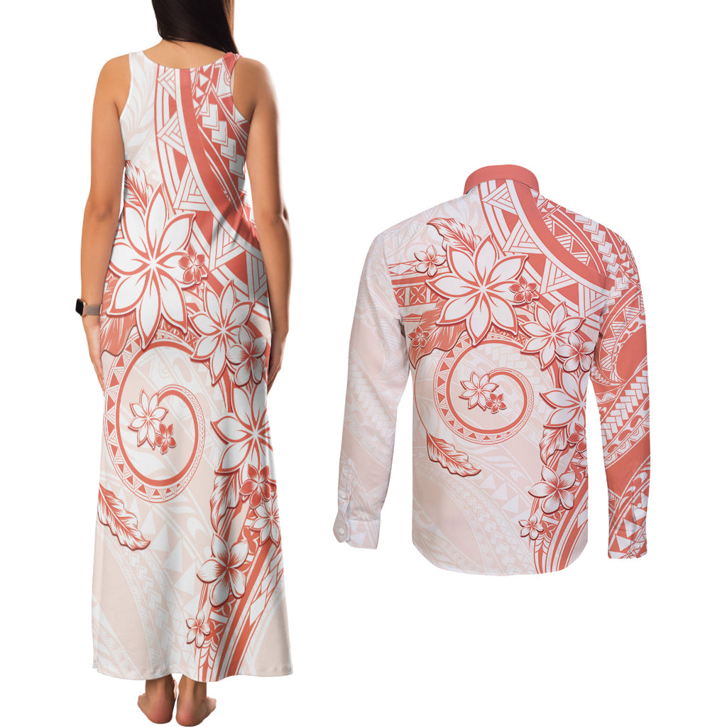 Polynesian Pattern With Plumeria Flowers Couples Matching Tank Maxi Dress and Long Sleeve Button Shirt Orange Peach LT05 - Polynesian Pride