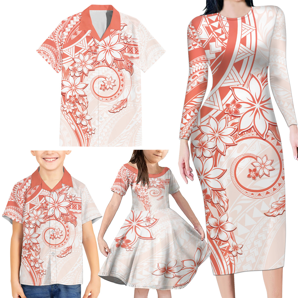 Polynesian Pattern With Plumeria Flowers Family Matching Long Sleeve Bodycon Dress and Hawaiian Shirt Orange Peach