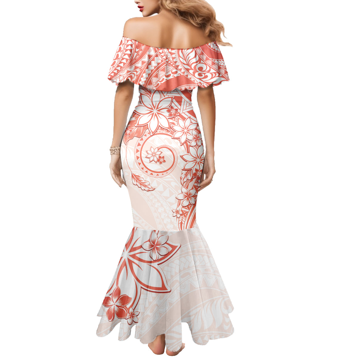 Polynesian Pattern With Plumeria Flowers Family Matching Mermaid Dress and Hawaiian Shirt Orange Peach