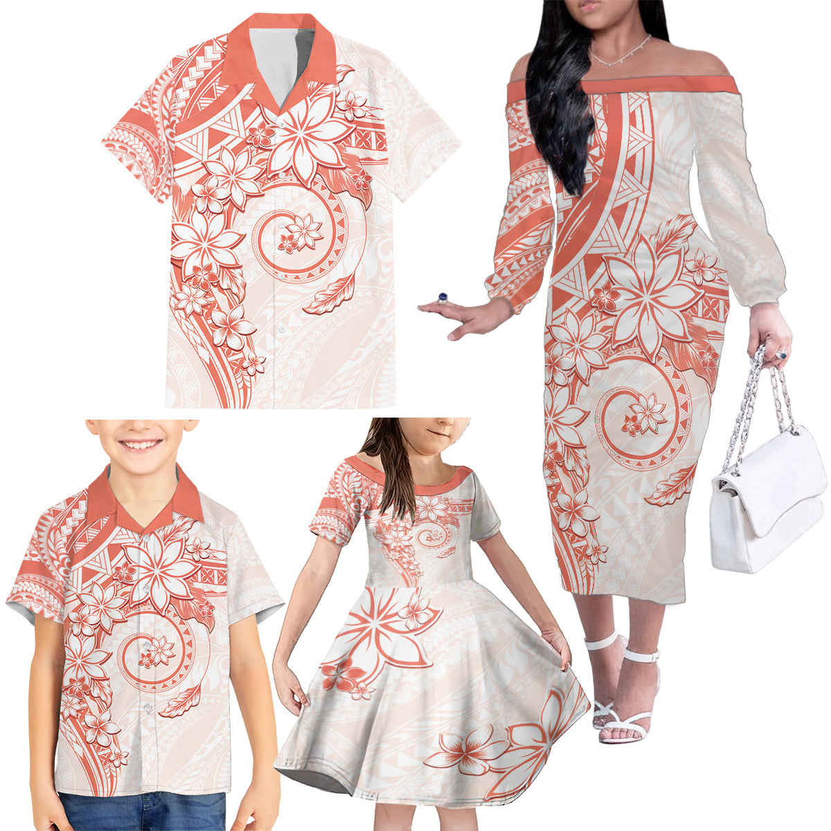 Polynesian Pattern With Plumeria Flowers Family Matching Off The Shoulder Long Sleeve Dress and Hawaiian Shirt Orange Peach LT05 - Polynesian Pride