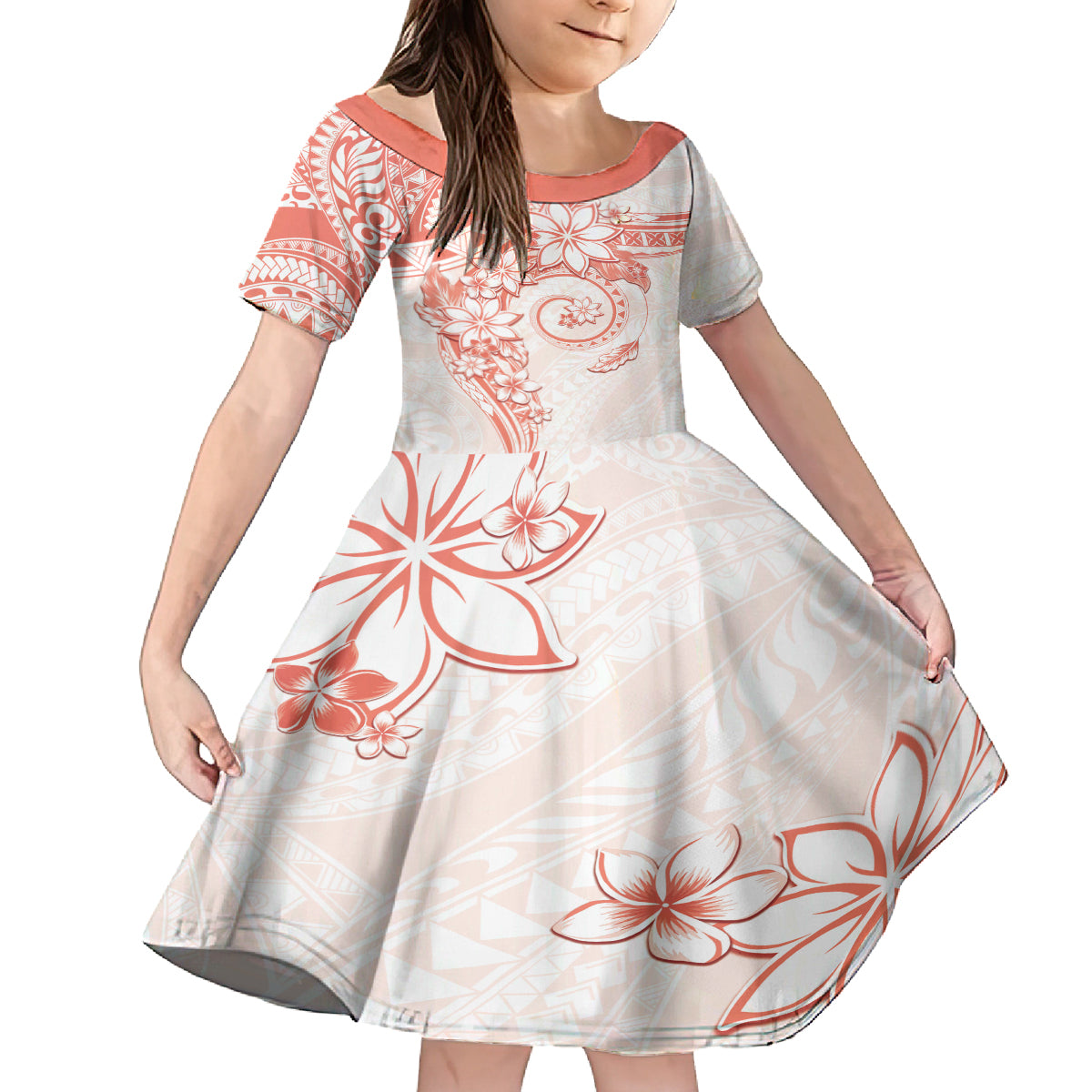 Polynesian Pattern With Plumeria Flowers Family Matching Puletasi and Hawaiian Shirt Orange Peach