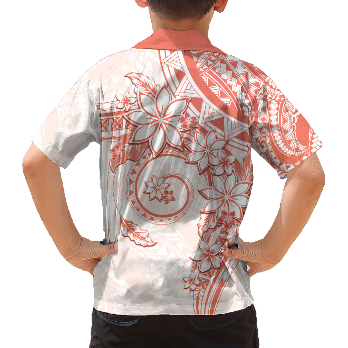 Polynesian Pattern With Plumeria Flowers Family Matching Short Sleeve Bodycon Dress and Hawaiian Shirt Orange Peach