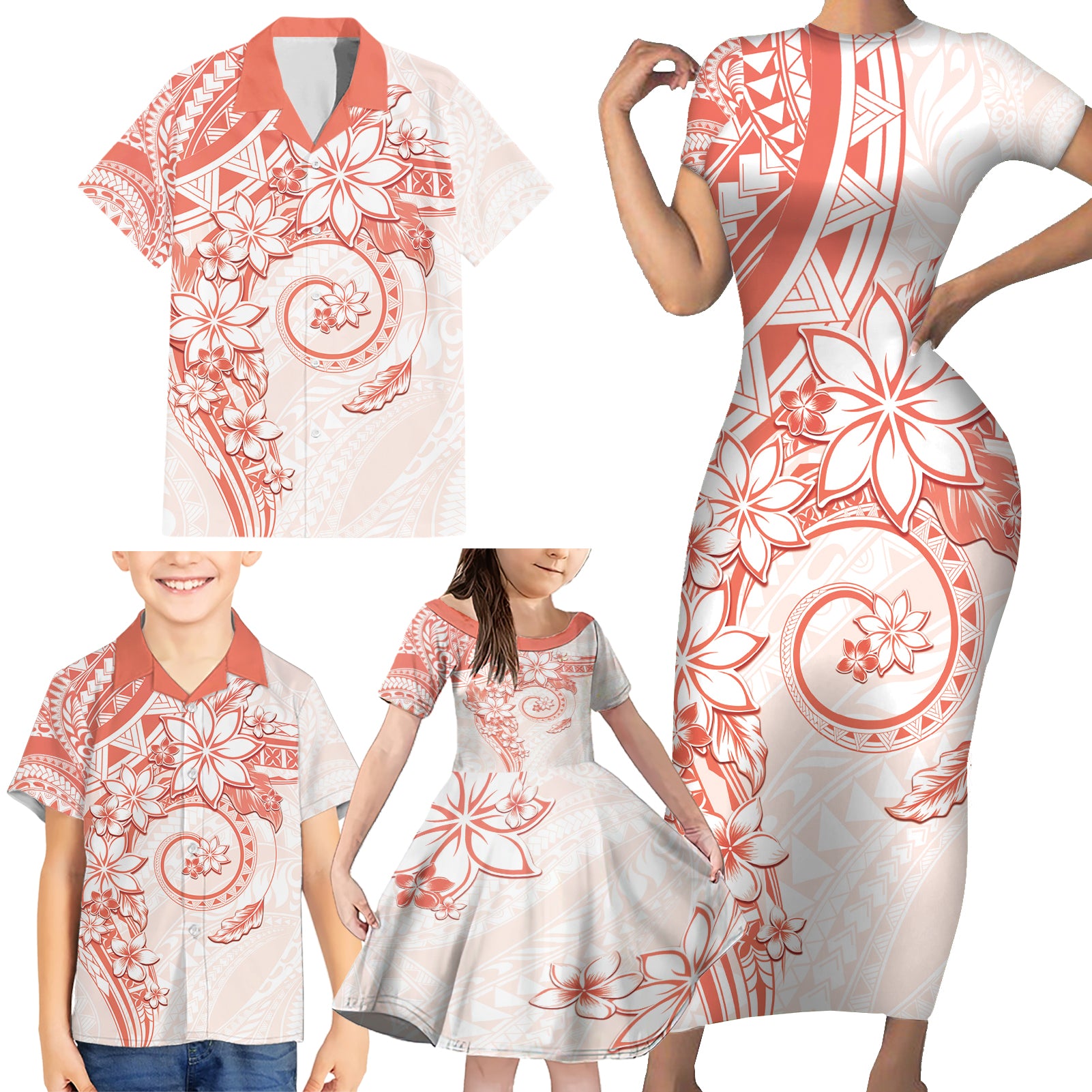 Polynesian Pattern With Plumeria Flowers Family Matching Short Sleeve Bodycon Dress and Hawaiian Shirt Orange Peach