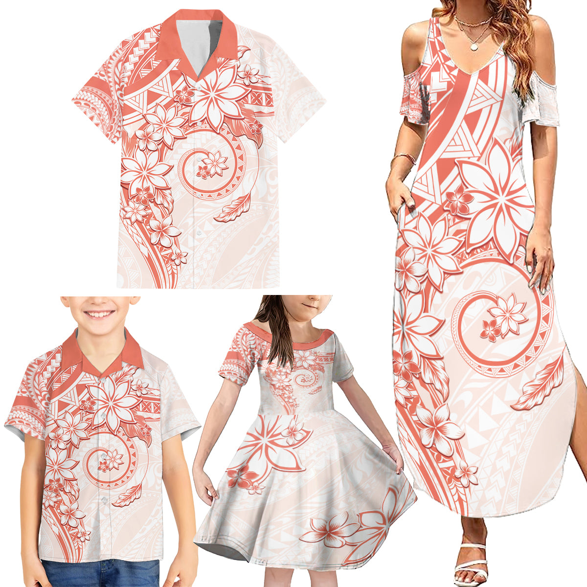 Polynesian Pattern With Plumeria Flowers Family Matching Summer Maxi Dress and Hawaiian Shirt Orange Peach