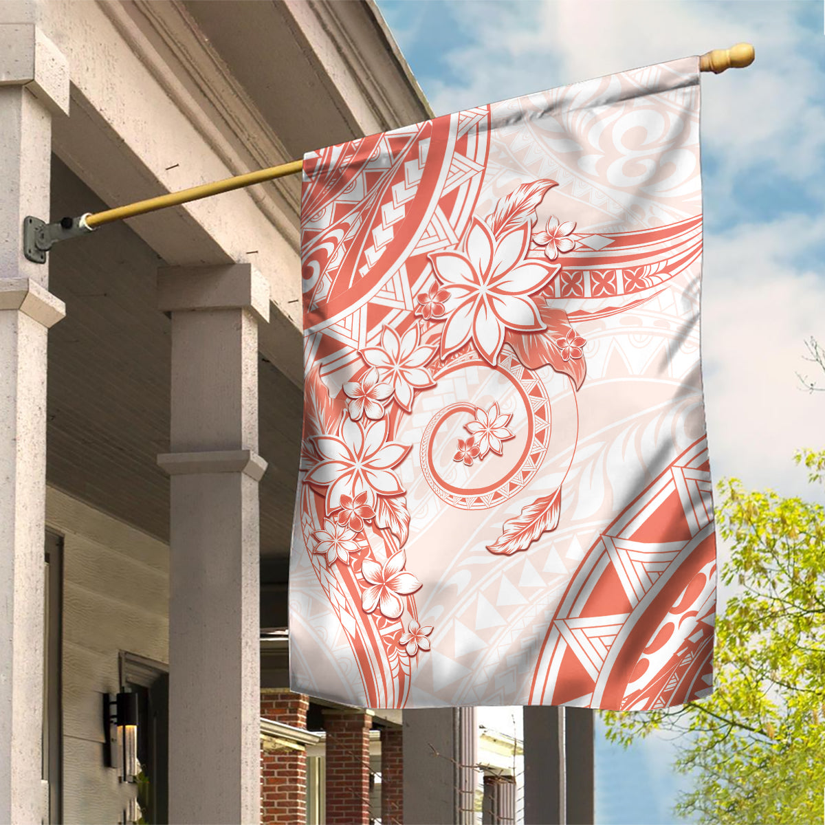 Polynesian Pattern With Plumeria Flowers Garden Flag Orange Peach LT05 House Flag Peach - Polynesian Pride