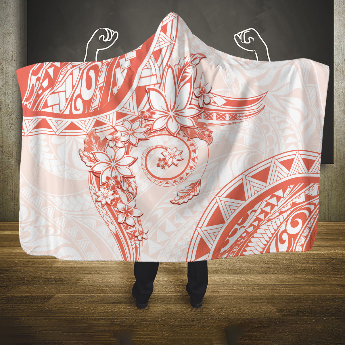 Polynesian Pattern With Plumeria Flowers Hooded Blanket Orange Peach LT05 One Size Peach - Polynesian Pride