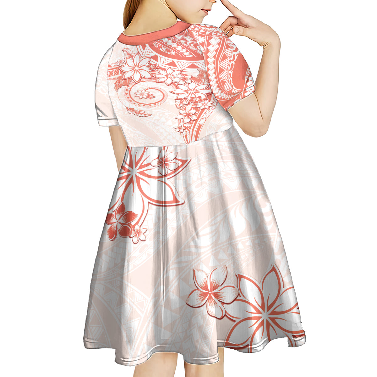 Polynesian Pattern With Plumeria Flowers Kid Short Sleeve Dress Orange Peach LT05 - Polynesian Pride