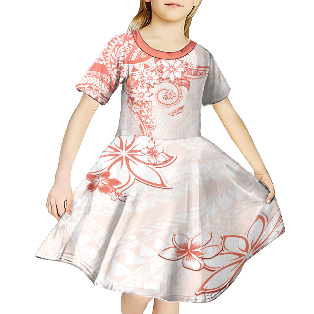 Polynesian Pattern With Plumeria Flowers Kid Short Sleeve Dress Orange Peach LT05 - Polynesian Pride
