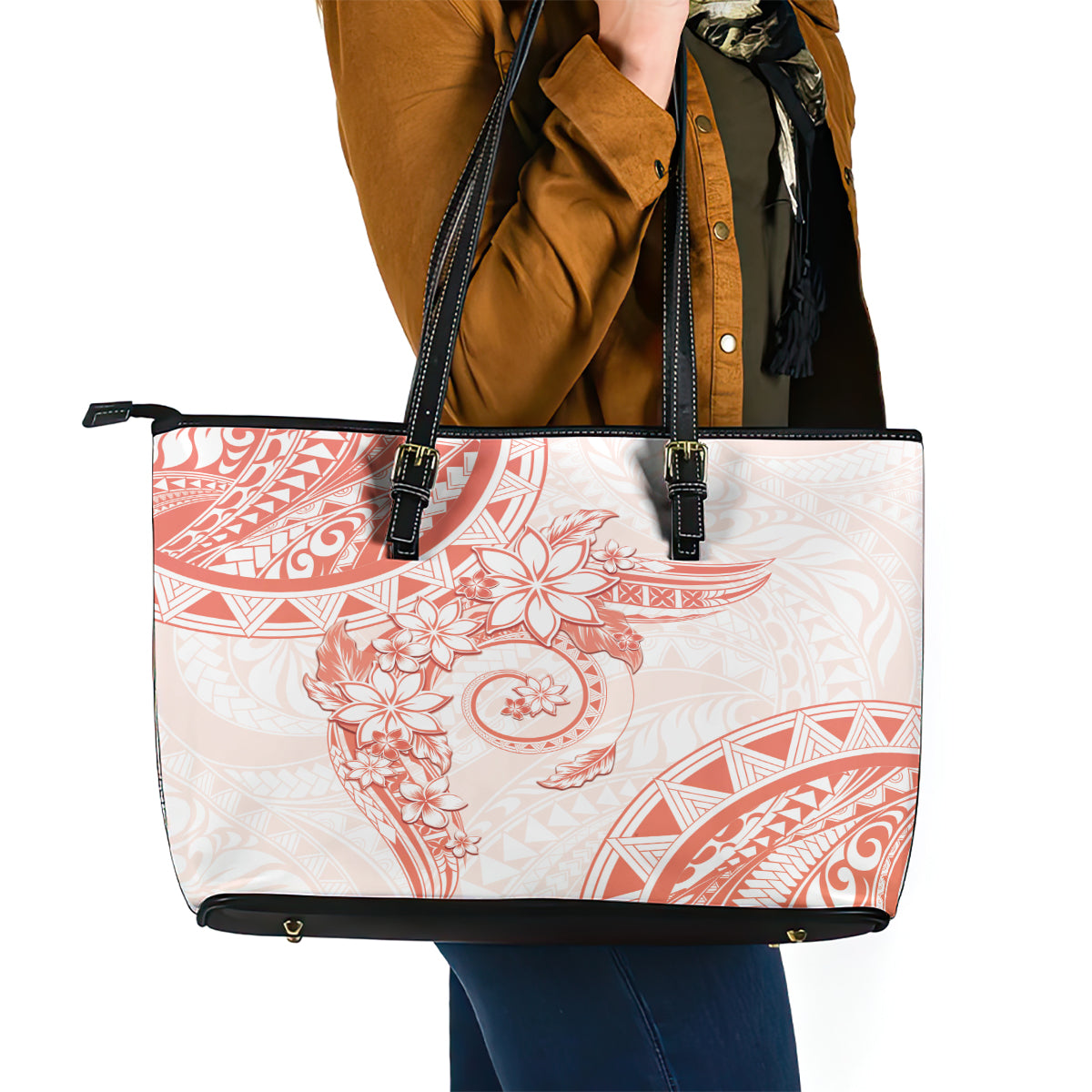 Polynesian Pattern With Plumeria Flowers Leather Tote Bag Orange Peach LT05 - Polynesian Pride