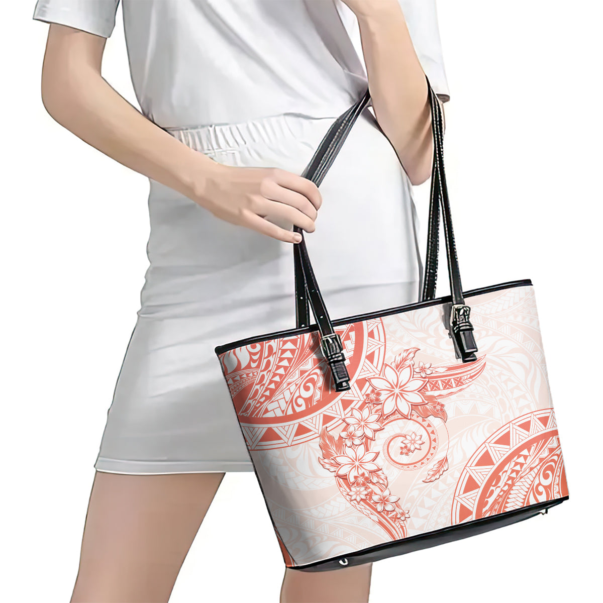 Polynesian Pattern With Plumeria Flowers Leather Tote Bag Orange Peach LT05 - Polynesian Pride