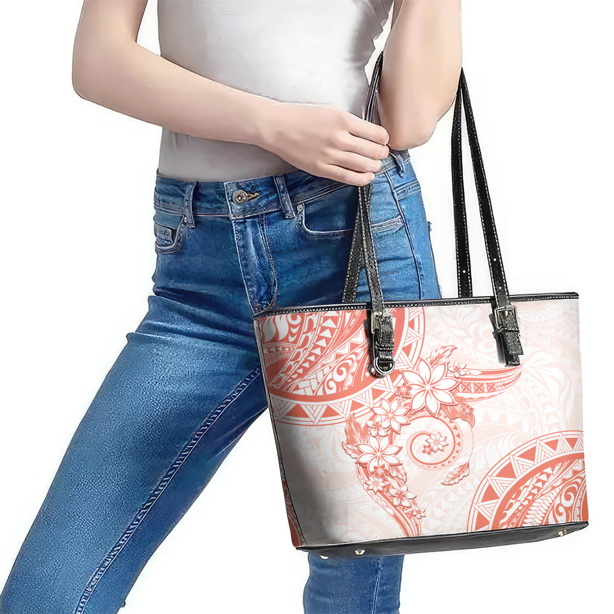 Polynesian Pattern With Plumeria Flowers Leather Tote Bag Orange Peach LT05 - Polynesian Pride