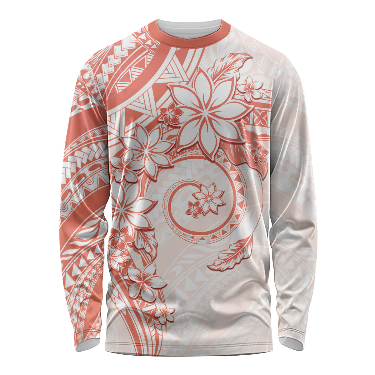 Polynesian Pattern With Plumeria Flowers Long Sleeve Shirt Orange Peach