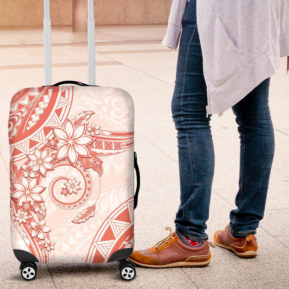 Polynesian Pattern With Plumeria Flowers Luggage Cover Orange Peach
