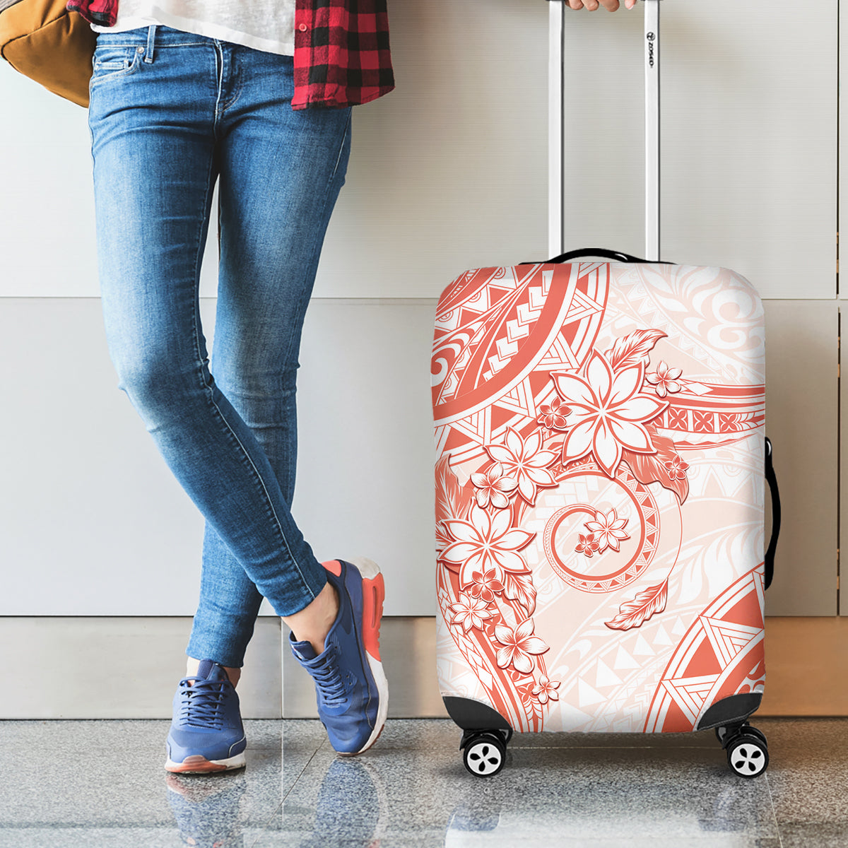Polynesian Pattern With Plumeria Flowers Luggage Cover Orange Peach