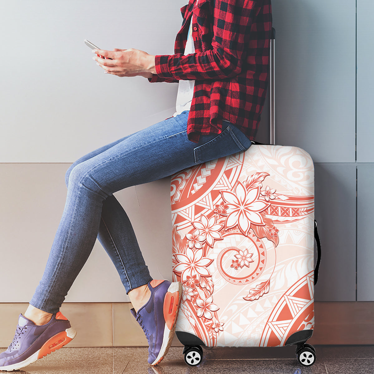 Polynesian Pattern With Plumeria Flowers Luggage Cover Orange Peach