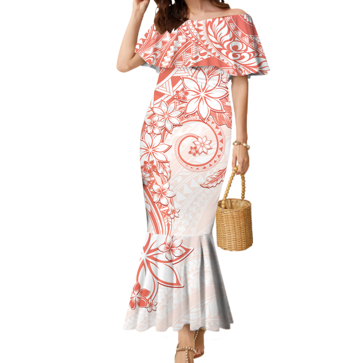 Polynesian Pattern With Plumeria Flowers Mermaid Dress Orange Peach