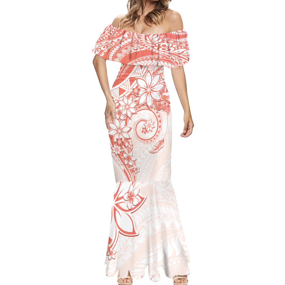 Polynesian Pattern With Plumeria Flowers Mermaid Dress Orange Peach
