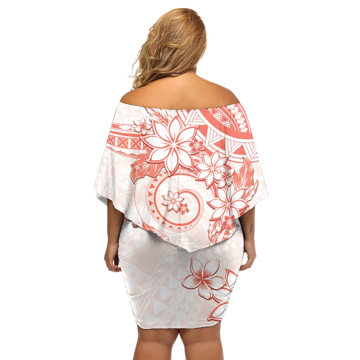 Polynesian Pattern With Plumeria Flowers Off Shoulder Short Dress Orange Peach LT05 - Polynesian Pride