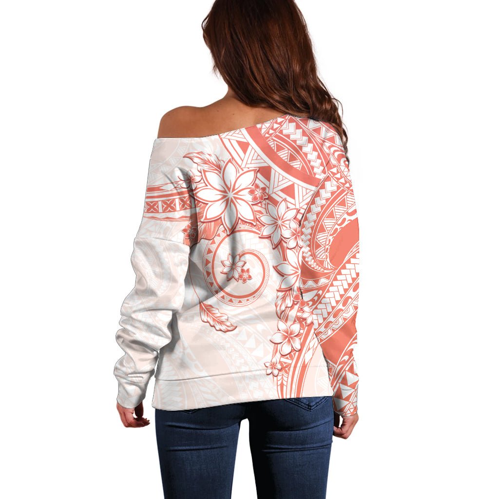 Polynesian Pattern With Plumeria Flowers Off Shoulder Sweater Orange Peach
