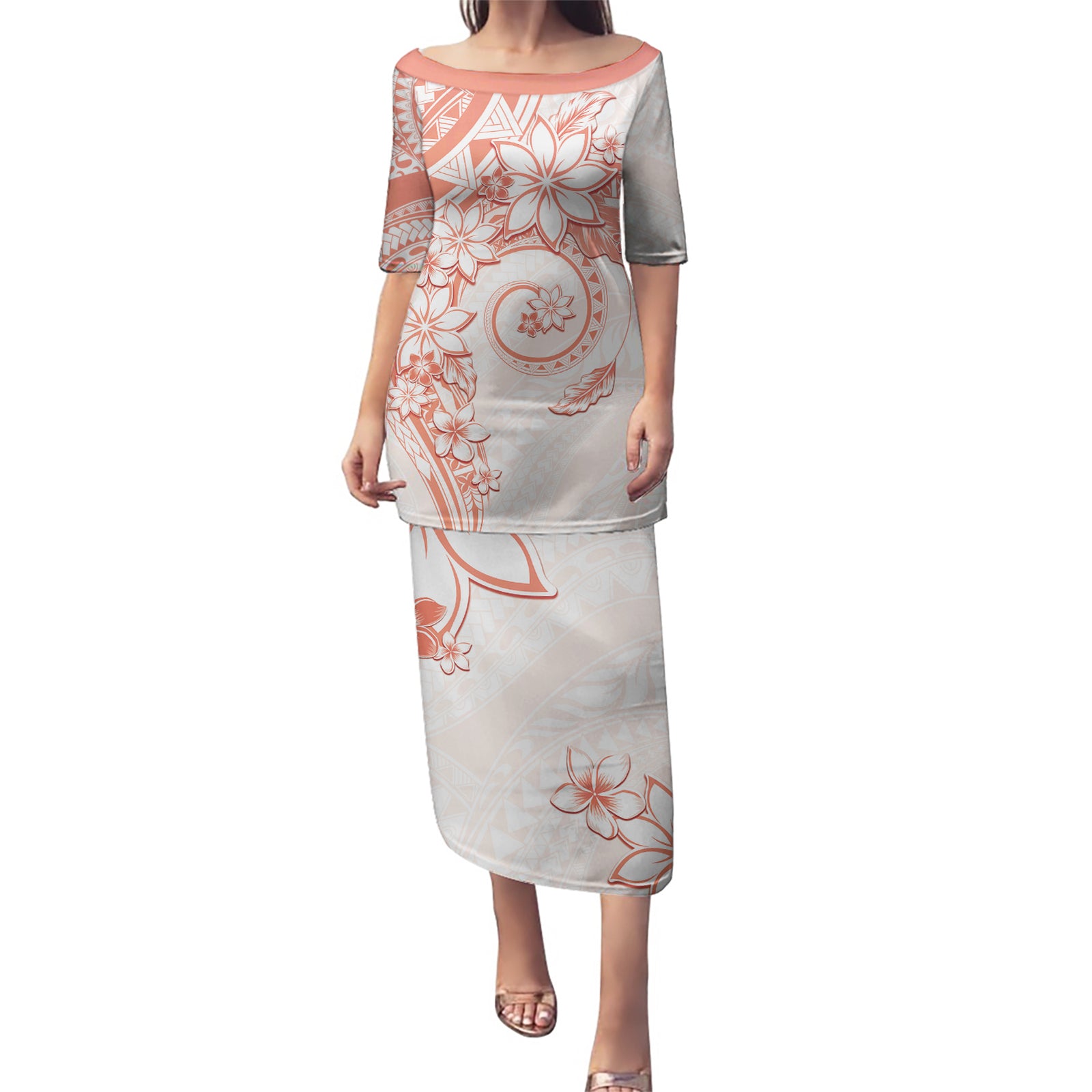 Polynesian Pattern With Plumeria Flowers Puletasi Orange Peach LT05 Long Dress Peach - Polynesian Pride