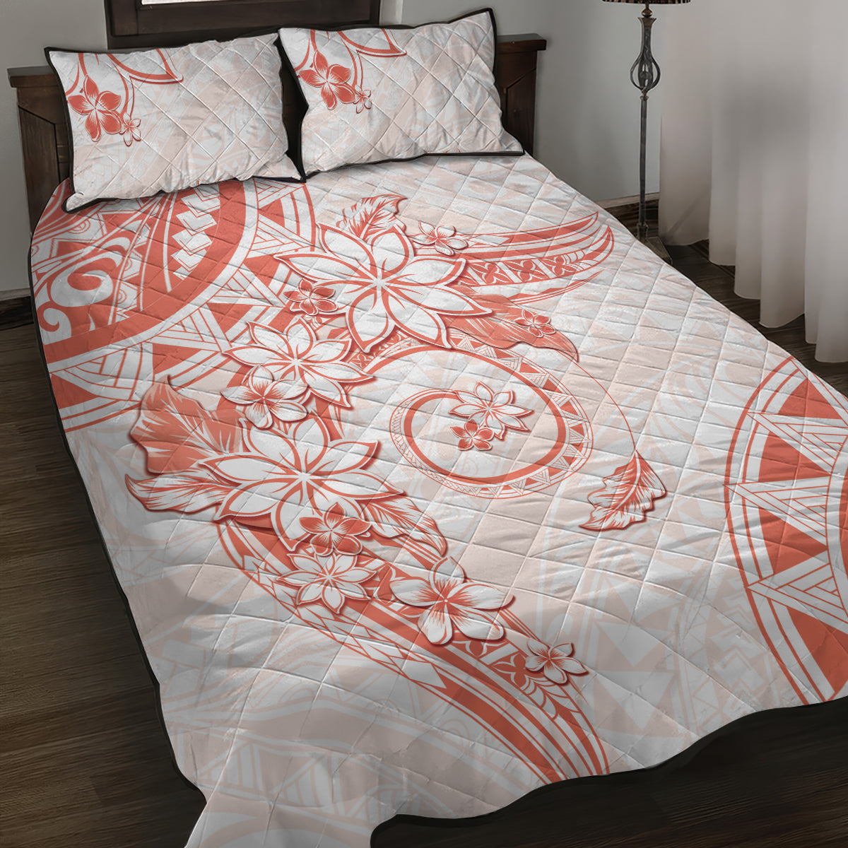 Polynesian Pattern With Plumeria Flowers Quilt Bed Set Orange Peach