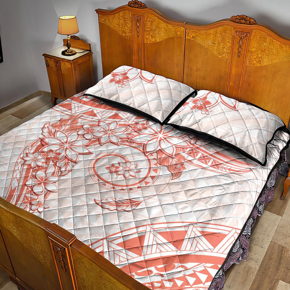Polynesian Pattern With Plumeria Flowers Quilt Bed Set Orange Peach LT05 - Polynesian Pride