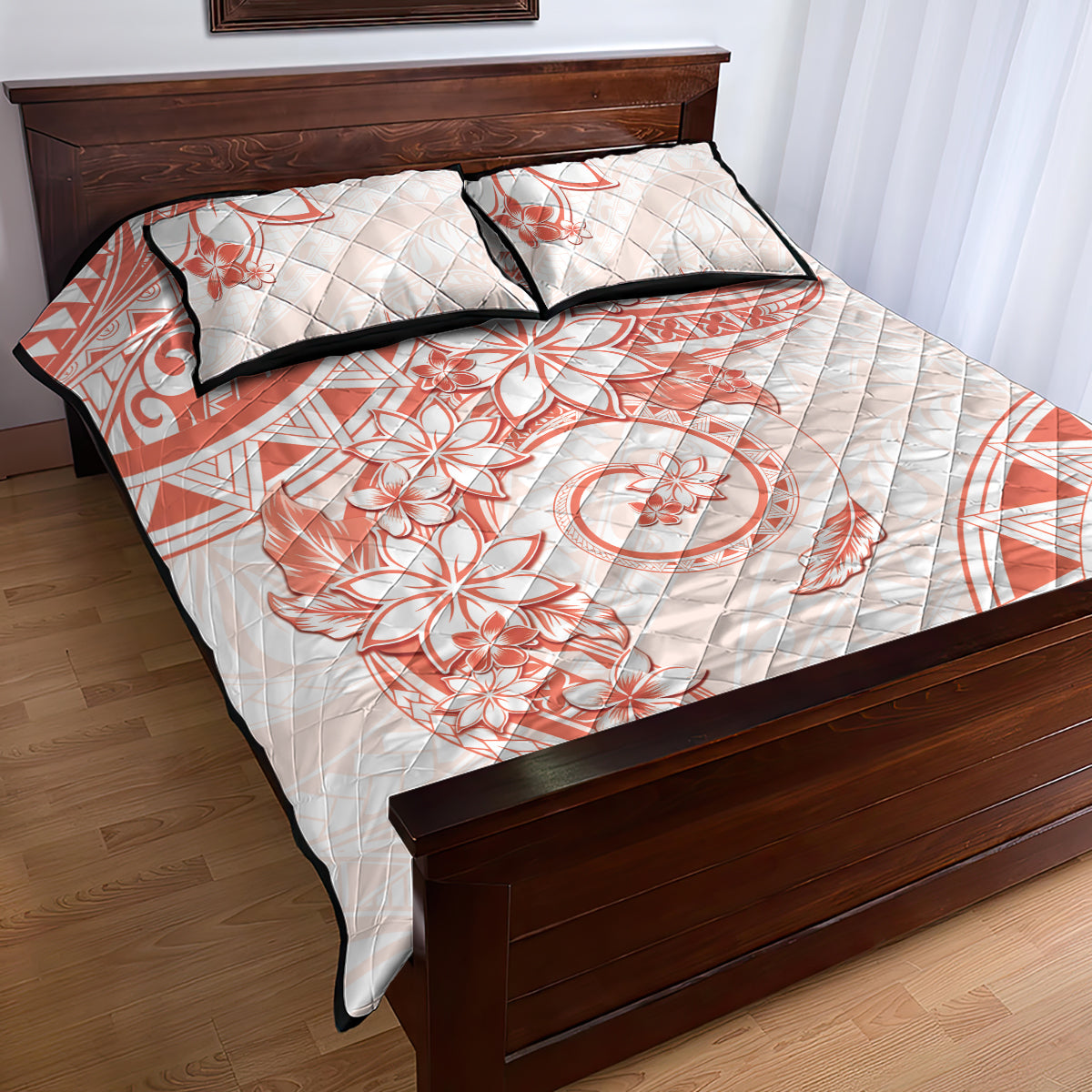 Polynesian Pattern With Plumeria Flowers Quilt Bed Set Orange Peach LT05 - Polynesian Pride