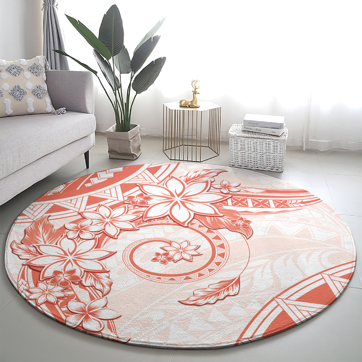 Polynesian Pattern With Plumeria Flowers Round Carpet Orange Peach