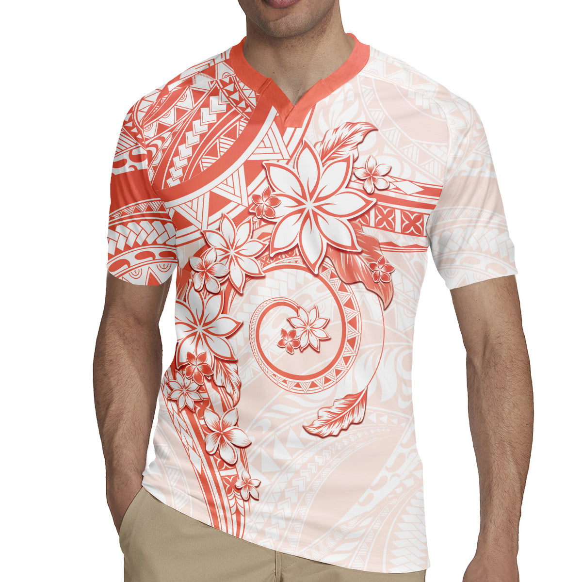 Polynesian Pattern With Plumeria Flowers Rugby Jersey Orange Peach