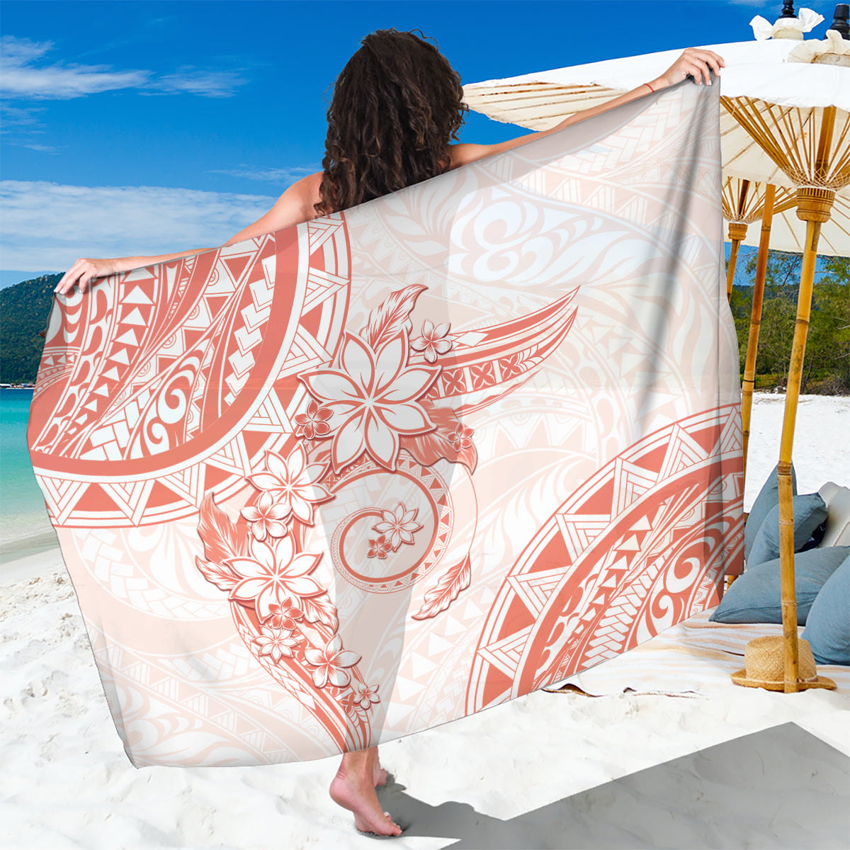 Polynesian Pattern With Plumeria Flowers Sarong Orange Peach