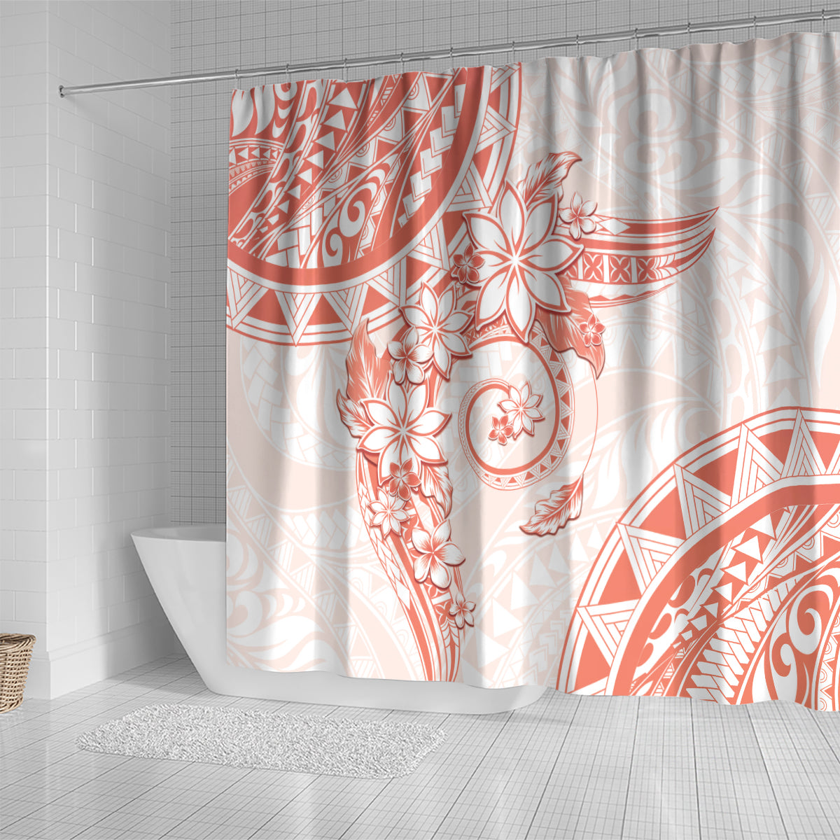 Polynesian Pattern With Plumeria Flowers Shower Curtain Orange Peach