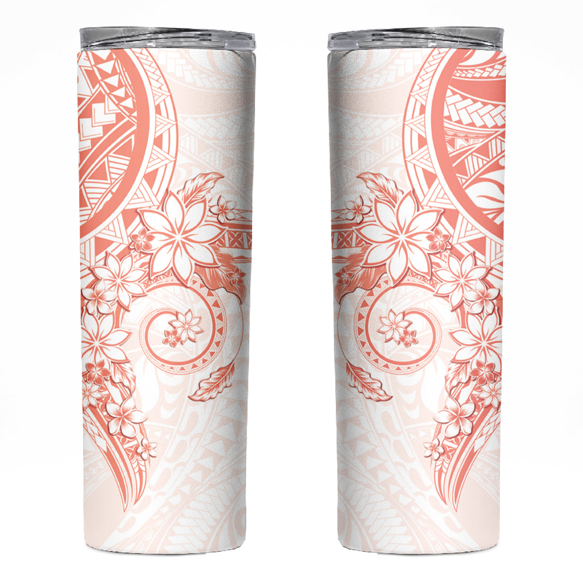 Orange Peach Polynesian Pattern With Plumeria Flowers Skinny Tumbler