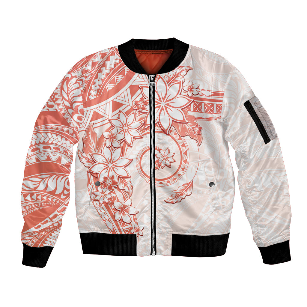 Polynesian Pattern With Plumeria Flowers Sleeve Zip Bomber Jacket Orange Peach LT05 Unisex Peach - Polynesian Pride