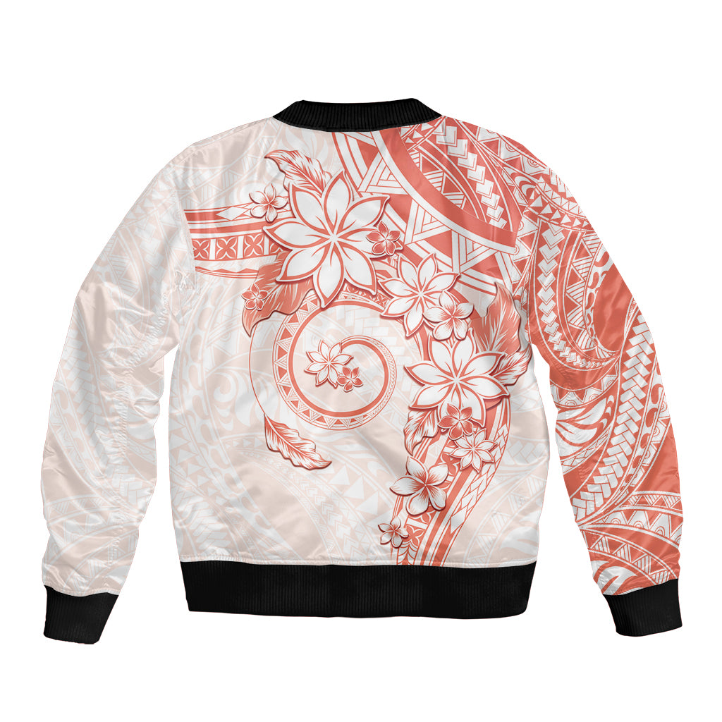 Polynesian Pattern With Plumeria Flowers Sleeve Zip Bomber Jacket Orange Peach LT05 - Polynesian Pride
